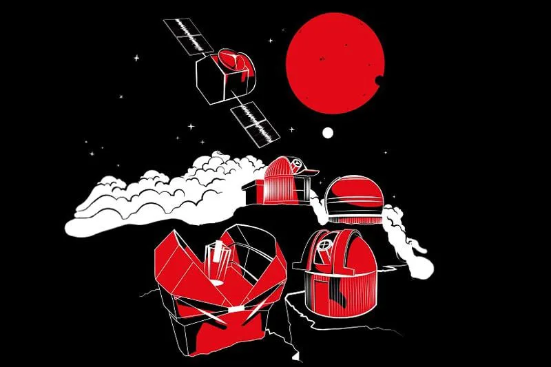 Artists illustration of the red star and two planets along with the SPECULOOS telescopes